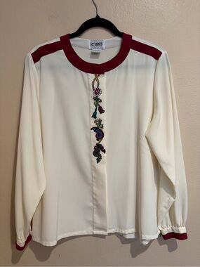 Vintage Koret Cream Slinky Blouse w/ Burgundy Trim, Tassel & Potion Embroidery